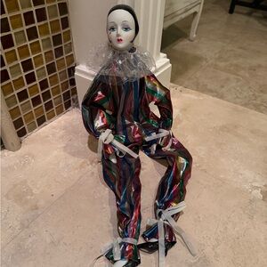 Clown Jester Vintage Porcelain Doll /figurine  9” tall striped suit.